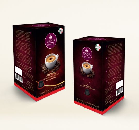 Cador Espresso Aroma coffee capsules box, premium Italian-style espresso blend with Arabica and Robusta, 20 capsules packaging design