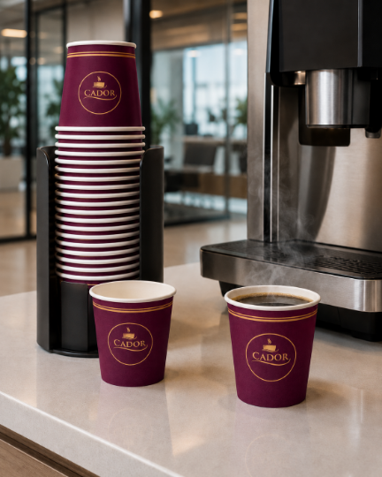 Cador 4 oz single wall cups beside coffee machine